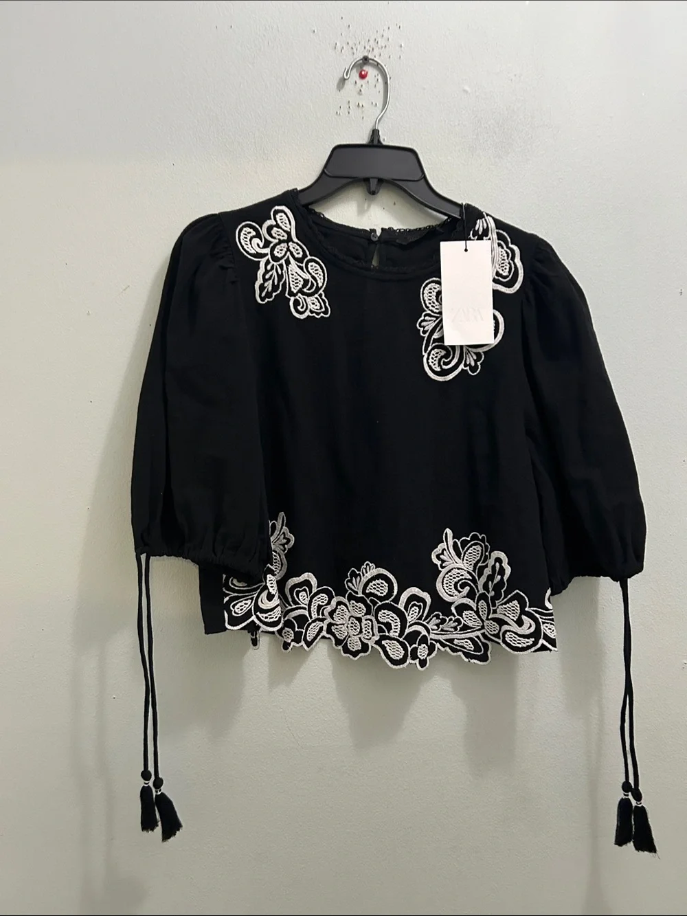 Zara Black Blouse with White Floral Embroidery